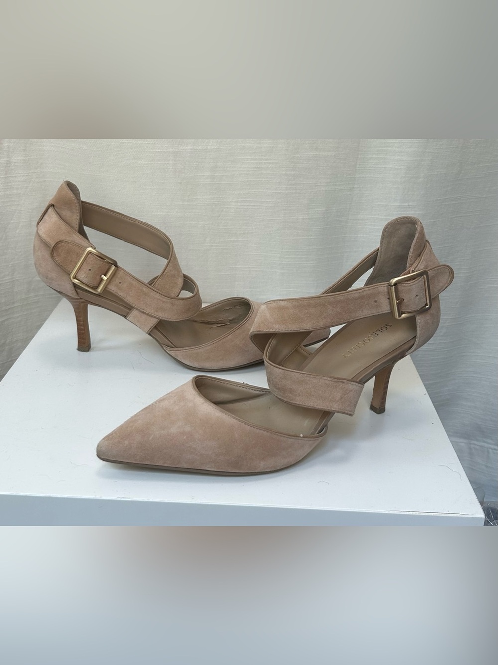Sole Society Women's‎ Suede Pointed-Toe Strappy Slingback Heels in Beige